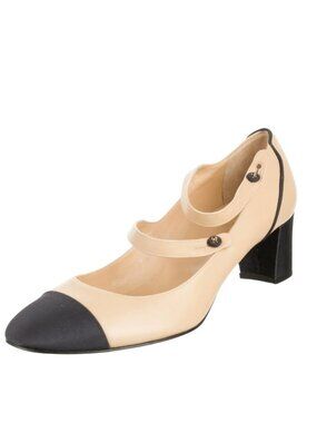 CHANEL Cap Toe Mary Jane Beige Black Leather Pumps
